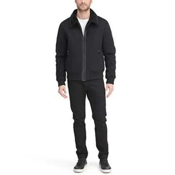 DKNY mens Shearling Bomber Jacket With Collar Faux Fur Coat, Black, Medium US