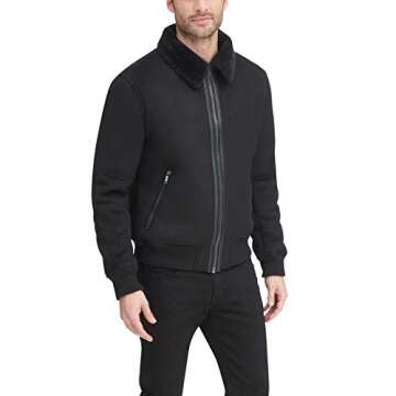 DKNY mens Shearling Bomber Jacket With Collar Faux Fur Coat, Black, Medium US