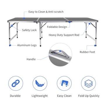 Moosinily 6 Ft Adjustable Folding Camping Table - Portable