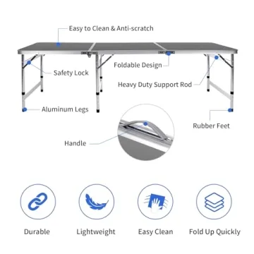 Moosinily 6 Ft Adjustable Folding Camping Table - Portable