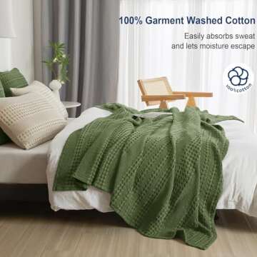 PHF 100% Cotton Waffle Weave Blanket King Size, Soft Lightweight Breathable Cozy Blankets for Bed, Luxury Aesthetic Woven Bedding for Home Decor, 108"x90", Olive Green