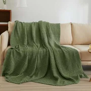 PHF 100% Cotton Waffle Weave Blanket King Size, Soft Lightweight Breathable Cozy Blankets for Bed, Luxury Aesthetic Woven Bedding for Home Decor, 108"x90", Olive Green