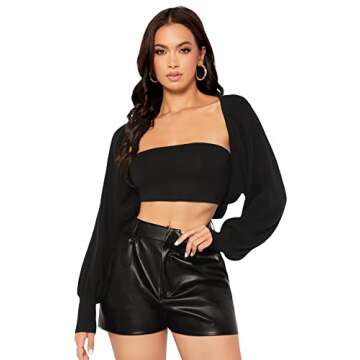 GORGLITTER Women's Long Sleeve Open Front Crop Cardigan Drop Shoulder Solid Knit Sweater Outerwear Black Medium