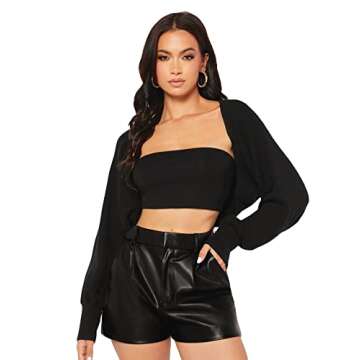 GORGLITTER Women's Long Sleeve Open Front Crop Cardigan Drop Shoulder Solid Knit Sweater Outerwear Black Medium