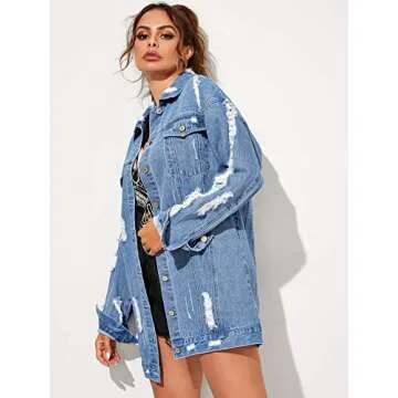 Floerns Women's Oversized Denim Jacket Long Boyfriend Distresse Jean Jacket Deep Blue L