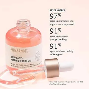 BIOSSANCE Squalane + Vitamin C Rose Oil, Advanced Facial Oil - Brightening, Firming, and Hydrating Serum for All Skin Types - Chios Crystal Oil, Damascus Rose Extract & Squalane for Radiance - 0.5oz