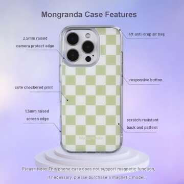 Mongranda Compatible with iPhone 16 Pro Case Checkered for Women,Military-Grade Protection,Scratch-Resistant,Yellowing Resistant TPU,Cute iPhone Case Checkered 6.3 inches-Sage Green Checkered