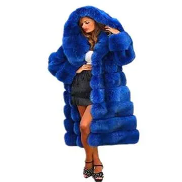 Lisa Colly Women's Winter Plus Size Parka Overcoat Long Sleeve Faux Fur Coat Jacket with Big Hooded (Blue,Small)