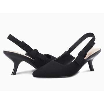 Coutgo Womens Slingback Kitten Heels Closed Pointed Toe Bowknot Knitted Slip On Work Pumps Dress Shoes, Black, Size 9