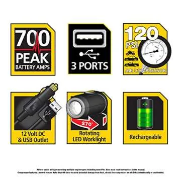 Stanley J7CS 700 Peak Amp Automotive Jump Starter, Portable Power – Triple 15W USB Ports, 120 PSI Air Compressor