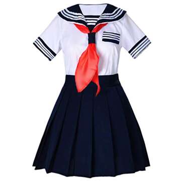 Japanese School Girls Short Sleeve Uniform Sailor Navy Blue Pleated Skirt Anime Cosplay Costumes Sweater with Socks Sets(Tag M)