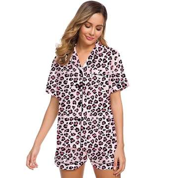 SWOMOG Women Pajamas Set Silk Satin Short Sleeve Sleepwear Button Down Loungewear Pjs Leopard