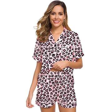 SWOMOG Women Pajamas Set Silk Satin Short Sleeve Sleepwear Button Down Loungewear Pjs Leopard