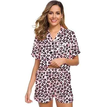 SWOMOG Women Pajamas Set Silk Satin Short Sleeve Sleepwear Button Down Loungewear Pjs Leopard