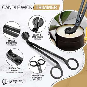JAFFIES Candle Wick Trimmer, 3 in 1 Candle Accessory Set Used As Candle Care Kit Includes Candle Wick Dipper, Candle Snuffer and Candle Wick Cutter for Smoke-Free Flame to Gift a Candle Lover (Black)