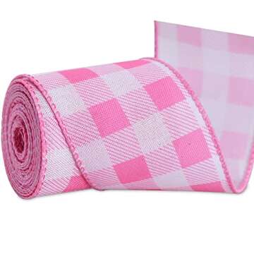 TONIFUL 2.5 Inch Wired Ribbon, Baby Pink and White Plaid Check Burlap Ribbon, Summer Spring Wired Ri...