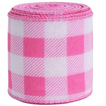 TONIFUL 2.5 Inch Wired Ribbon, Baby Pink and White Plaid Check Burlap Ribbon, Summer Spring Wired Ribbon, for Gift Wrapping, Wreath Bows Making, Crafts Home Decoration, Easter Decor（Baby Pink，6yds）
