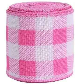 TONIFUL 2.5 Inch Wired Ribbon, Baby Pink and White Plaid Check Burlap Ribbon, Summer Spring Wired Ribbon, for Gift Wrapping, Wreath Bows Making, Crafts Home Decoration, Easter Decor（Baby Pink，6yds）
