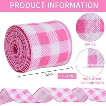 TONIFUL 2.5 Inch Wired Ribbon, Baby Pink and White Plaid Check Burlap Ribbon, Summer Spring Wired Ribbon, for Gift Wrapping, Wreath Bows Making, Crafts Home Decoration, Easter Decor（Baby Pink，6yds）