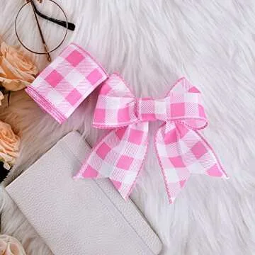 TONIFUL 2.5 Inch Wired Ribbon, Baby Pink and White Plaid Check Burlap Ribbon, Summer Spring Wired Ribbon, for Gift Wrapping, Wreath Bows Making, Crafts Home Decoration, Easter Decor（Baby Pink，6yds）