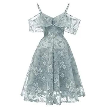 Women's Floral Lace Cold Shouder Dress Swing Prom Party Cocktail Dresses Ruffle Sleeve Casual Fall Midi Pleated Dress Light Blue