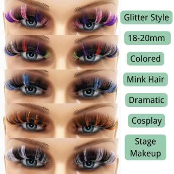 outopen 5 Pairs 20mm Glitter Lashes Sequins Colored Lashes Fluffy Mink False Lashes with Color Halloween Cosplay New Year Party Stage Makeup Colorful Fake Eyelash(Glitter Style)
