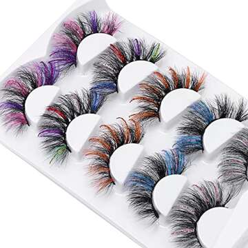 outopen 5 Pairs 20mm Glitter Lashes Sequins Colored Lashes Fluffy Mink False Lashes with Color Halloween Cosplay New Year Party Stage Makeup Colorful Fake Eyelash(Glitter Style)