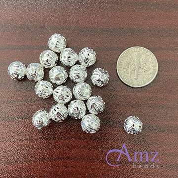 AMZ Beads - Package of 200! Gold or Silver Plated Hollow Filigree Round Ball Metal Spacer Beads for Jewelry Making DIY Craft Projects (8MM) 1mm Hole (Silver)
