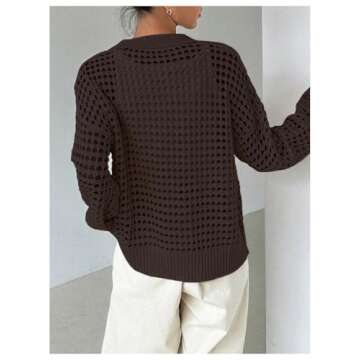 QWINEE Women's Cardigan Sweater Crochet Hollow Out Cardigan Long Sleeve Collar Neck Lightweight Sweater Button Front Knit Top Chocolate Brown Medium