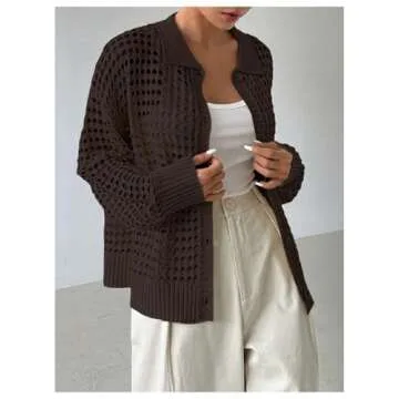 QWINEE Women's Cardigan Sweater Crochet Hollow Out Cardigan Long Sleeve Collar Neck Lightweight Sweater Button Front Knit Top Chocolate Brown Medium