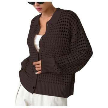 QWINEE Women's Cardigan Sweater Crochet Hollow Out Cardigan Long Sleeve Collar Neck Lightweight Sweater Button Front Knit Top Chocolate Brown Medium