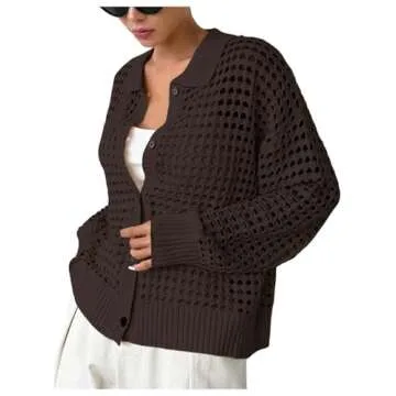QWINEE Women's Cardigan Sweater Crochet Hollow Out Cardigan Long Sleeve Collar Neck Lightweight Sweater Button Front Knit Top Chocolate Brown Medium