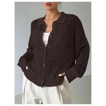 QWINEE Women's Cardigan Sweater Crochet Hollow Out Cardigan Long Sleeve Collar Neck Lightweight Sweater Button Front Knit Top Chocolate Brown Medium