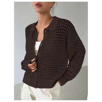 QWINEE Women's Cardigan Sweater Crochet Hollow Out Cardigan Long Sleeve Collar Neck Lightweight Sweater Button Front Knit Top Chocolate Brown Medium