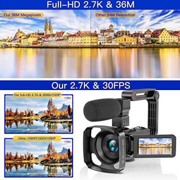 LVQUONE Camcorder Video Camera 2.7K Ultra HD YouTube Vlogging Camera 36M 30FPS 16X Digital Zoom Camcorder 3.0 Inch 270° Rotatable Screen with Microphone Handheld Stabilizer, Remote Control, Lens Hood