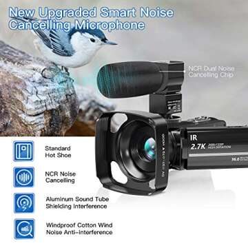 LVQUONE Camcorder Video Camera 2.7K Ultra HD YouTube Vlogging Camera 36M 30FPS 16X Digital Zoom Camcorder 3.0 Inch 270° Rotatable Screen with Microphone Handheld Stabilizer, Remote Control, Lens Hood