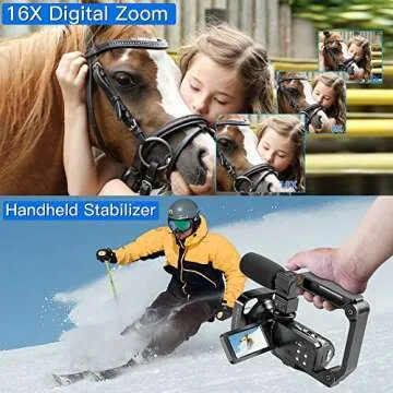 LVQUONE Camcorder Video Camera 2.7K Ultra HD YouTube Vlogging Camera 36M 30FPS 16X Digital Zoom Camcorder 3.0 Inch 270° Rotatable Screen with Microphone Handheld Stabilizer, Remote Control, Lens Hood