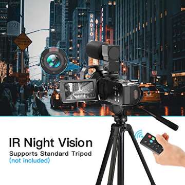 LVQUONE Camcorder Video Camera 2.7K Ultra HD YouTube Vlogging Camera 36M 30FPS 16X Digital Zoom Camcorder 3.0 Inch 270° Rotatable Screen with Microphone Handheld Stabilizer, Remote Control, Lens Hood