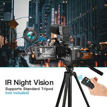 LVQUONE Camcorder Video Camera 2.7K Ultra HD YouTube Vlogging Camera 36M 30FPS 16X Digital Zoom Camcorder 3.0 Inch 270° Rotatable Screen with Microphone Handheld Stabilizer, Remote Control, Lens Hood