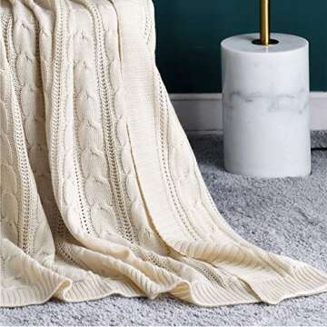 jinchan Cable Knit Throw Blanket 50x60 inches Lightweight Soft Cozy Spring Sweater Blanket Solid Ivory Modern Decorative Throws Farmhouse All Seasons for Couch Bed Sofa