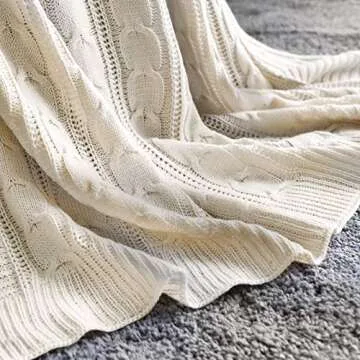 jinchan Cable Knit Throw Blanket 50x60 inches Lightweight Soft Cozy Spring Sweater Blanket Solid Ivory Modern Decorative Throws Farmhouse All Seasons for Couch Bed Sofa