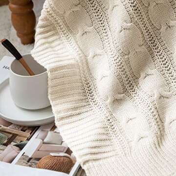 jinchan Cable Knit Throw Blanket 50x60 inches Lightweight Soft Cozy Spring Sweater Blanket Solid Ivory Modern Decorative Throws Farmhouse All Seasons for Couch Bed Sofa