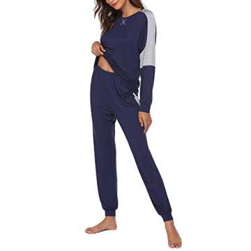 Ekouaer Women's Pajamas Sets 2 Piece Long Sleeve Lounge Sets Color Block Sleepwear with Pockets Sweatsuit Navy Blue