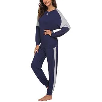 Ekouaer Women's Pajamas Sets 2 Piece Long Sleeve Lounge Sets Color Block Sleepwear with Pockets Sweatsuit Navy Blue