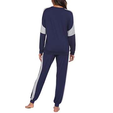 Ekouaer Women's Pajamas Sets 2 Piece Long Sleeve Lounge Sets Color Block Sleepwear with Pockets Sweatsuit Navy Blue
