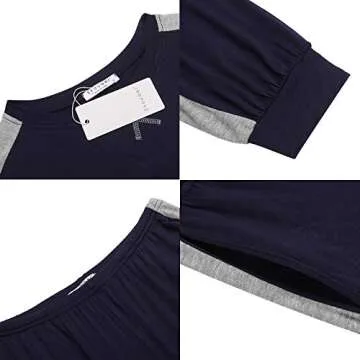 Ekouaer Women's Pajamas Sets 2 Piece Long Sleeve Lounge Sets Color Block Sleepwear with Pockets Sweatsuit Navy Blue