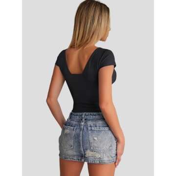 Trendy Queen Womens Deep V-Neck Backless Tops Short Sleeve Slim Fit T-Shirts Basic Y2K Clothes Bustier Corset Cami 2025 Black L