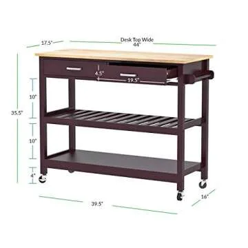 Clevr Rolling Kitchen Cart Island on Wheels Trolley, Cabinet w/Drawer, Shelves Storage Shelf, 100% Natural Rubberwood Top, Walnut Colored