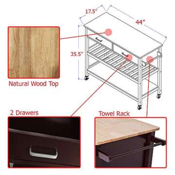 Clevr Rolling Kitchen Cart Island on Wheels Trolley, Cabinet w/Drawer, Shelves Storage Shelf, 100% Natural Rubberwood Top, Walnut Colored