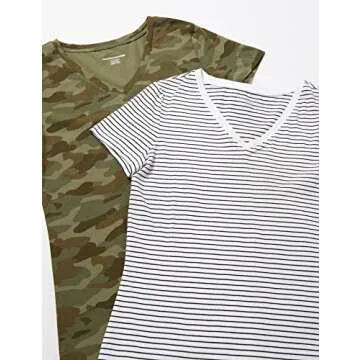 Amazon Essentials Women's Classic-Fit Short-Sleeve V-Neck T-Shirt - Discontinued Colors, Pack of 2, Olive Camo/White Stripe, Large